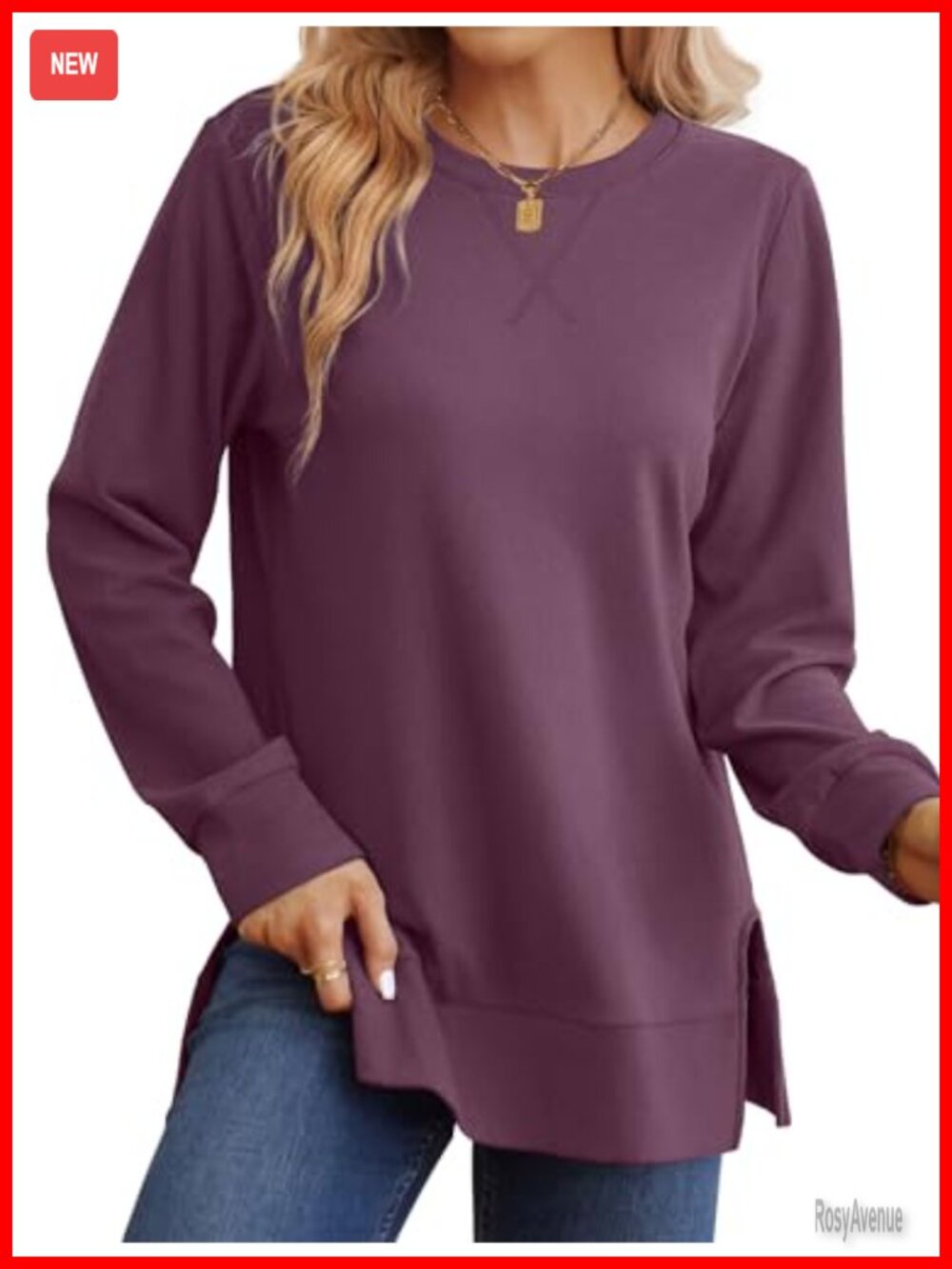 Saloogoe Women's Relaxed Fit Crew Neck Long Sleeve Sweatshirt with Side Split